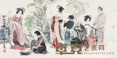 贺成 1995年作 宫苑仕女图 镜心 66×132cm